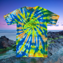 Load image into Gallery viewer, blue, green, yellow, and orange tie dye tee with the A.S.S. logo